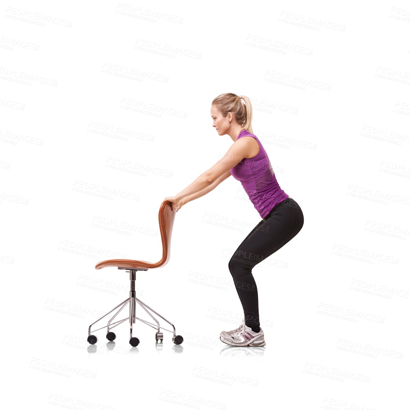 Buy stock photo Fitness, chair and woman doing a squat exercise for posture correction after a workout or training. Wellness, sports and young female athlete in position isolated by a transparent png background.