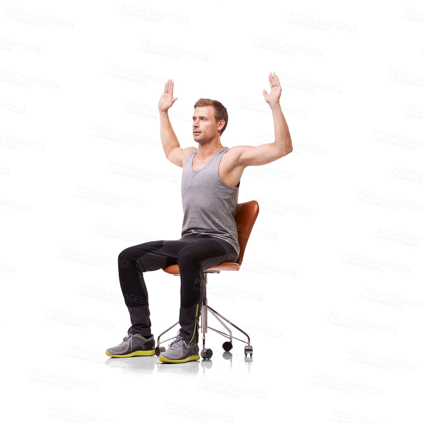 Buy stock photo Training, posture and fitness with man and chair on transparent background for workout, health and wellness. Focus, performance and challenge with person isolated on png for body and exercise