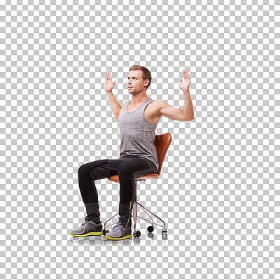 Buy stock photo Stretching, workout and fitness with man and chair on transparent background for posture, health and wellness. Focus, performance and challenge with person isolated on png for body and exercise