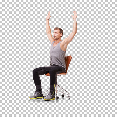 Buy stock photo Stretching, body and fitness with man and chair on transparent background for workout, health and wellness. Focus, performance and challenge with person isolated on png for posture and exercise