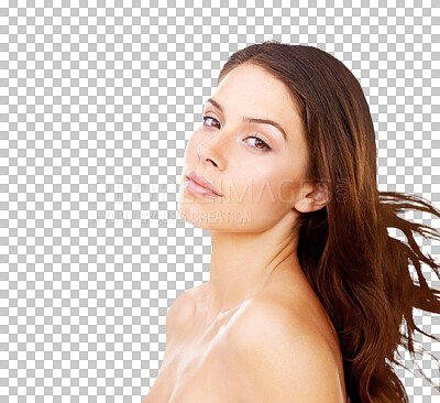 Buy stock photo Beauty, self care and portrait of a woman with a natural, cosmetic and makeup face routine. Health, wellness and young female model with a shiny hairstyle isolated by a transparent png background.