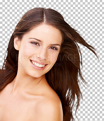 Buy stock photo Beauty, happy and portrait of woman with hair care on isolated, png and transparent background. Salon treatment, smile and face of female person with wind for natural texture, cosmetics and wellness