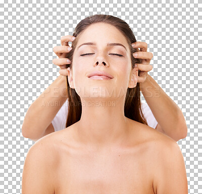 Buy stock photo Head massage, spa and woman relax with wellness treatment for stress relief, calm and peace in beauty salon. Female customer with hands of masseuse therapist isolated on transparent, png background