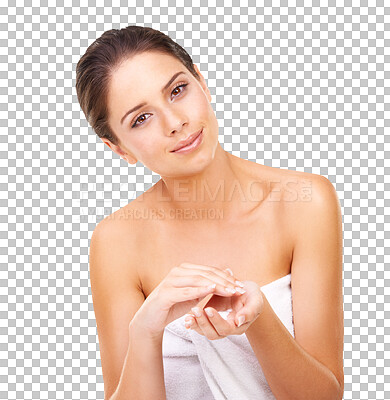 Buy stock photo Cream, skincare and shower with portrait of woman on transparent background for spa, facial or health. Cosmetics, lotion and face of female person isolated on png for dermatology, self care or glow