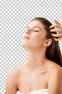 Buy stock photo Spa, wellness and woman with a hair massage for luxury self care, health or calm mindset. Cosmetic, beauty and young female person doing a head or scalp rub isolated by a transparent png background.