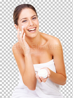 Buy stock photo Skincare, face cream and portrait of young woman with a natural, cosmetic or facial routine. Beauty, self care and female model with spf dermatology treatment isolated by transparent png background.