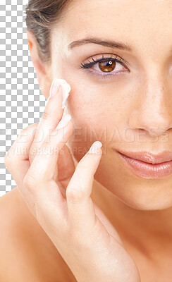 Buy stock photo Skincare, beauty and woman with pimple patch for natural, cosmetic or facial routine. Health, wellness and half face of female model with dermatology treatment isolated by transparent png background.