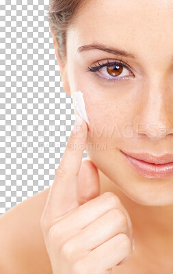 Buy stock photo Closeup, face cream and woman with skincare for natural, cosmetic or clean facial routine. Health, beauty and zoom of female model with spf or lotion treatment isolated by transparent png background.