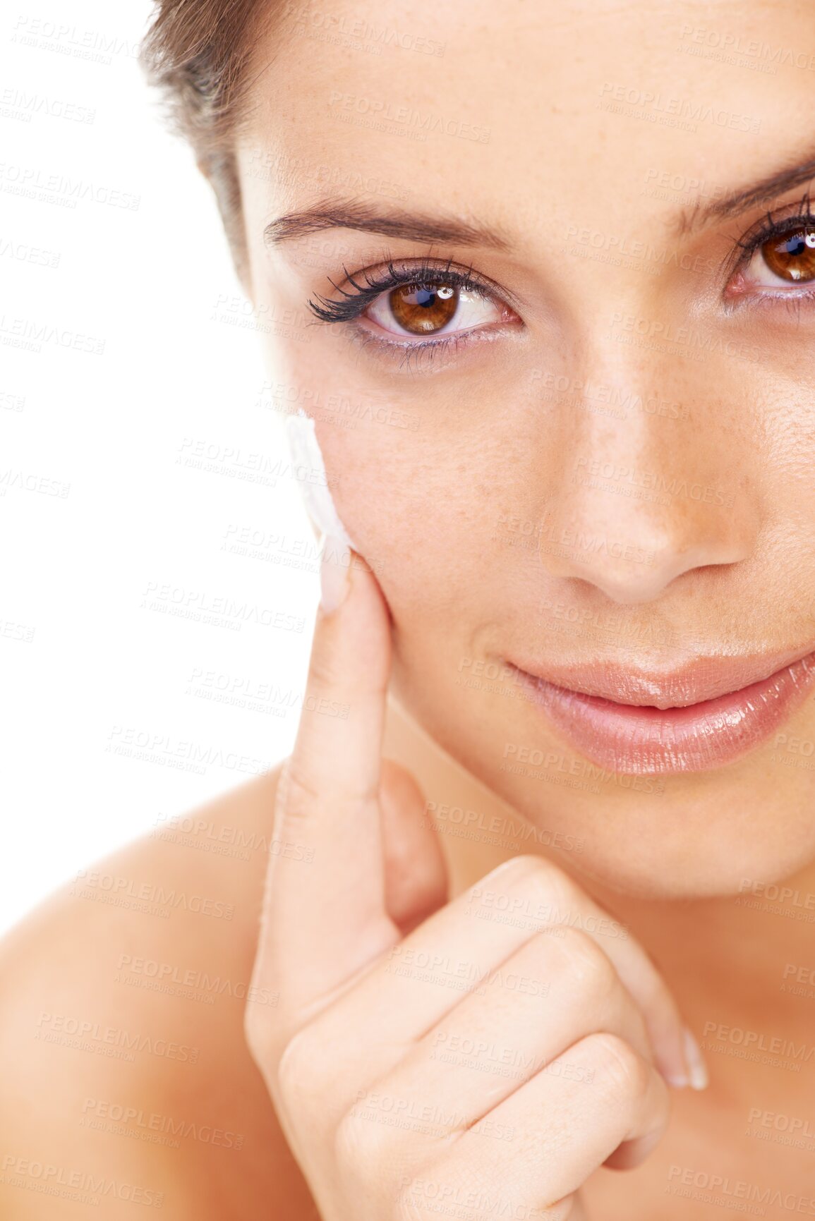 Buy stock photo Woman, lotion and skincare closeup with moisturiser and dermatology isolated on a transparent, png background, Natural beauty, female person and sunscreen with cream cosmetics with a smile and hand