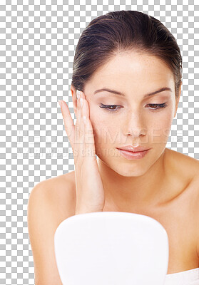 Buy stock photo Girl, look and hand mirror with skincare or cosmetic in png or isolated and transparent background. Dermatology, beauty face and skin with glow and reflection for wellness or cosmetology or routine. 