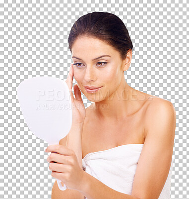 Buy stock photo Hand mirror, beauty face and woman with dermatology and skincare in png or isolated with transparent background. Facial treatment, female person and glow with cosmetology with natural and reflection.