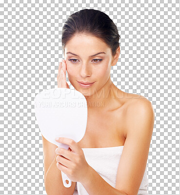 Buy stock photo Dermatology, hand mirror and beauty with glow or cosmetic in png or isolated and transparent background. Skincare, reflection and girl with facial treatment for self care or cosmetology or face.