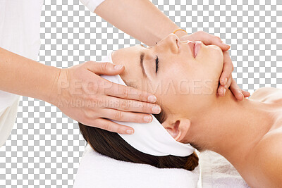 Buy stock photo Spa, self care and woman with a head massage for luxury wellness, health or calm mindset. Cosmetic, beauty and young female person doing a facial rub treatment isolated by transparent png background.