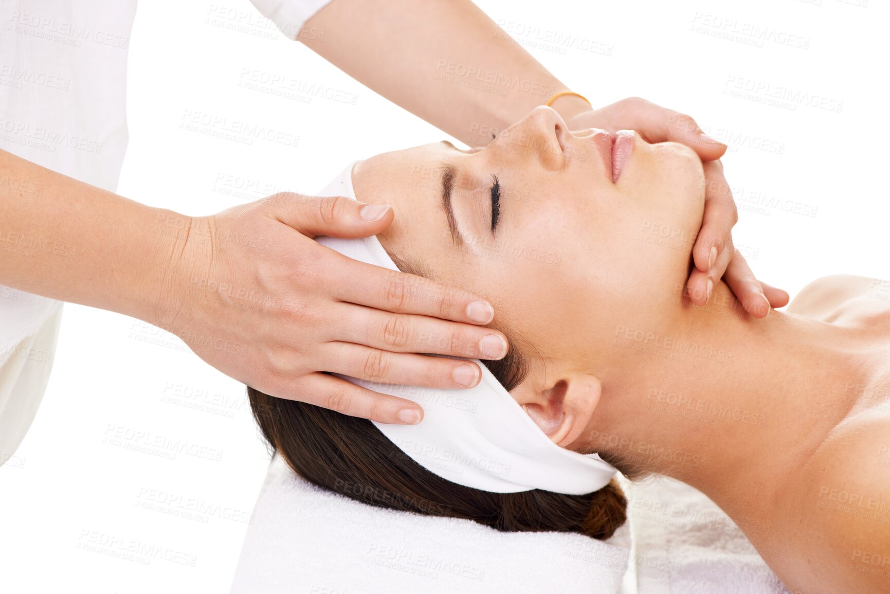 Buy stock photo Spa, self care and woman with a head massage for luxury wellness, health or calm mindset. Cosmetic, beauty and young female person doing a facial rub treatment isolated by transparent png background.