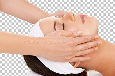 Buy stock photo Spa, beauty and woman with a face massage for luxury self care, health or calm mindset. Cosmetic, wellness and young female person doing a facial treatment isolated by a transparent png background.