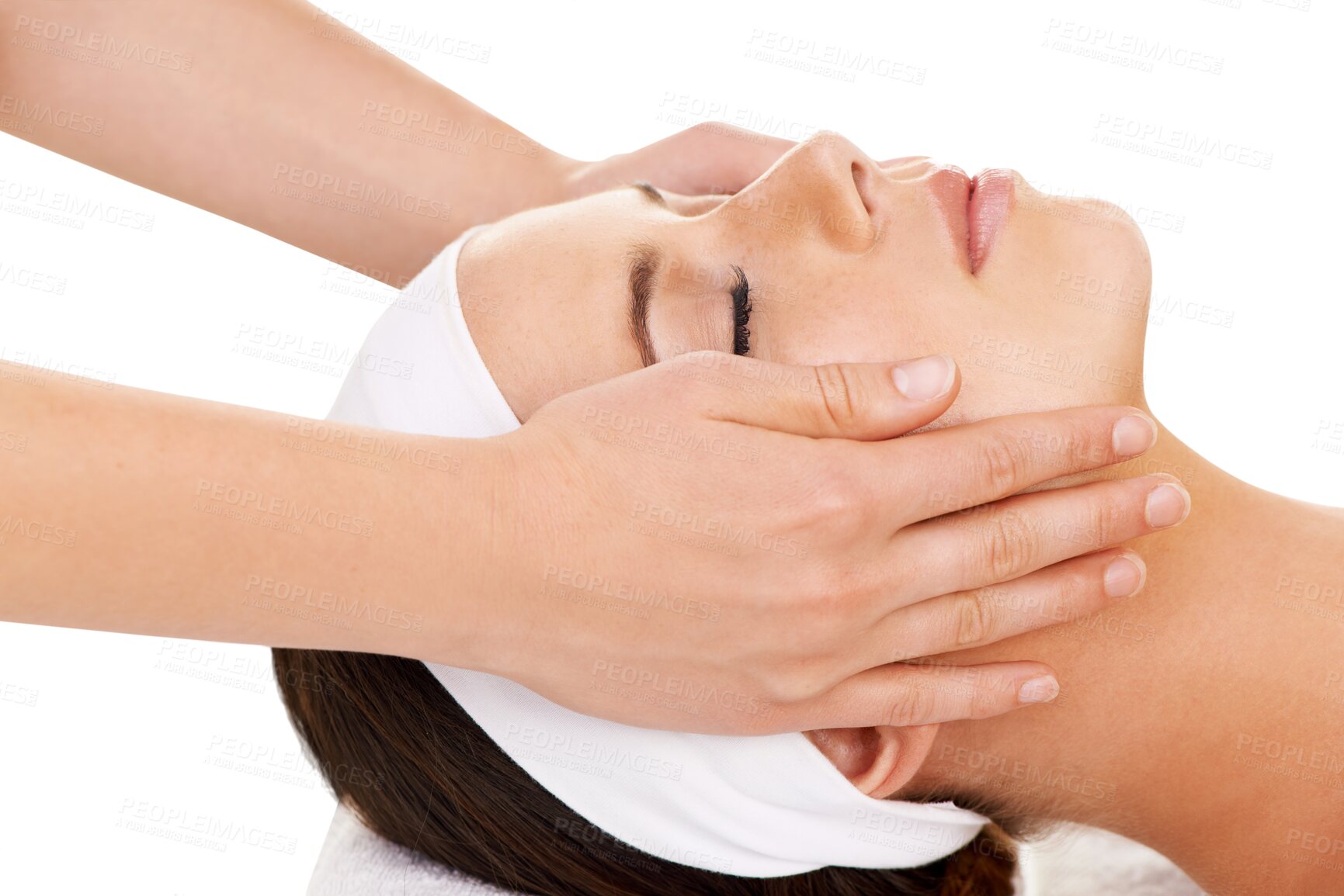 Buy stock photo Spa, beauty and woman with a face massage for luxury self care, health or calm mindset. Cosmetic, wellness and young female person doing a facial treatment isolated by a transparent png background.