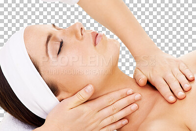 Buy stock photo Massage, spa and face of woman relax with wellness treatment for stress relief, calm and peace in beauty salon. Female client, hands and masseuse care service isolated on transparent, png background