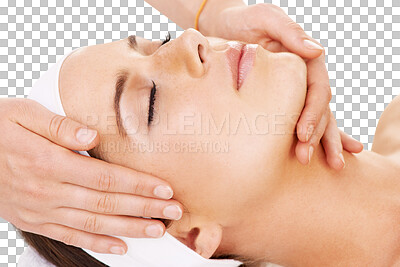 Buy stock photo Face massage, spa and calm woman relax in beauty salon for clinic luxury care, support or facial treatment. Zen person, wellness hands or masseuse care service isolated on transparent, png background