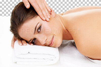 Buy stock photo Face massage, spa portrait and happy woman calm, relax and smile for beauty salon care, luxury clinic or facial treatment. Masseuse service, hands and person isolated on transparent, png background