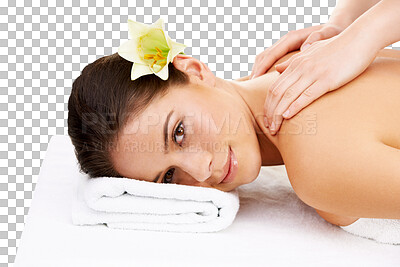 Buy stock photo Spa massage, face portrait or happy woman calm, relax and smile for wellness care therapy, clinic service or body treatment. Masseuse services, hands or person isolated on transparent, png background