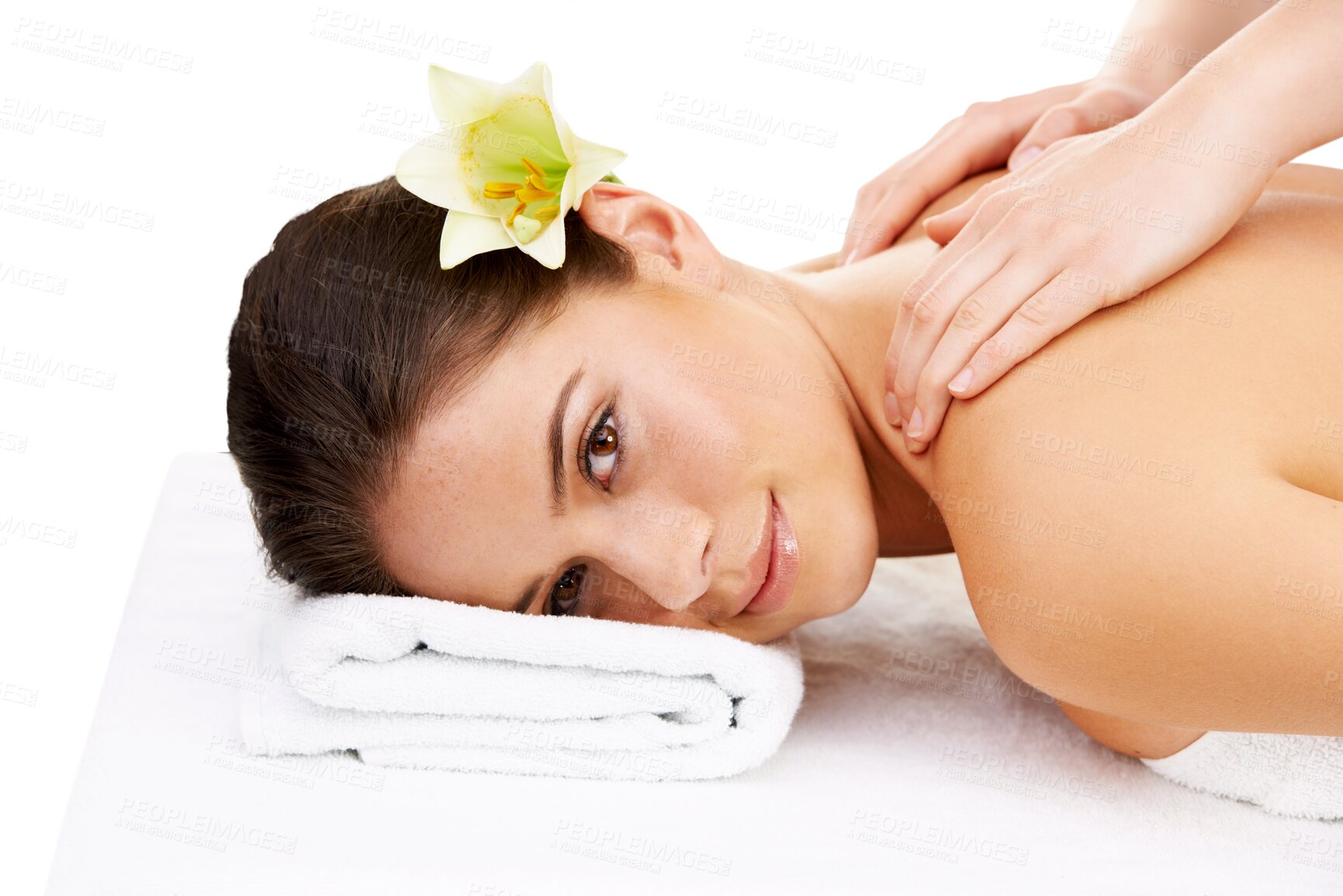 Buy stock photo Spa massage, face portrait or happy woman calm, relax and smile for wellness care therapy, clinic service or body treatment. Masseuse services, hands or person isolated on transparent, png background