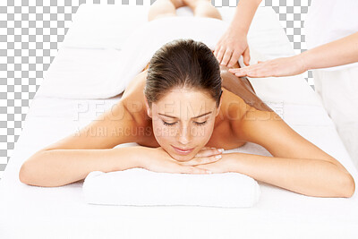 Buy stock photo Mud massage, spa and woman peace, calm zen and relax on beauty salon table for clinic luxury care, support or treatment. Masseuse, clay body mask and person isolated on transparent, png background