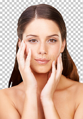 Buy stock photo Skincare, face and touch with portrait of woman on transparent background for glow, self care and makeup. Natural, cosmetics and spa treatment with female person isolated on png for wellness