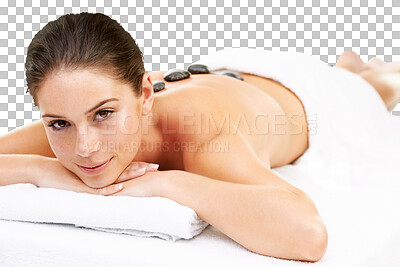 Buy stock photo Woman, portrait and spa treatment with hot stone massage, relax and dermatology at wellness center. Young female person, face and massage bed with body care isolated on transparent, png background