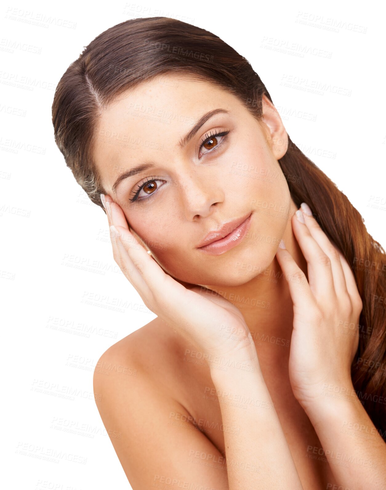 Buy stock photo Facial, beauty and portrait of woman for skincare on isolated, png and transparent background. Dermatology, salon care and face of female person with natural makeup, cosmetics and glow for wellness