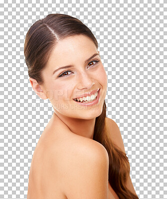 Buy stock photo Natural, beauty and happy with portrait of woman on transparent background for glow, self care and skincare. Makeup, cosmetics and spa treatment with face of person isolated on png for wellness