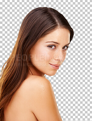 Buy stock photo Beauty, natural skincare and portrait of woman with smile on isolated, png and transparent background. Dermatology, salon and face of female person with makeup, cosmetics and glow for spa wellness