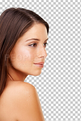 Buy stock photo Profile, skincare and beauty with face of woman on transparent background for spa treatment, facial or health. Cosmetics, wellness and female person isolated on png for dermatology, self care or glow