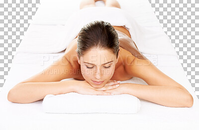 Buy stock photo Woman, massage and spa treatment with towel, natural beauty and dermatology at wellness center. Young female person, sleeping and massage bed with relax care isolated on transparent, png background