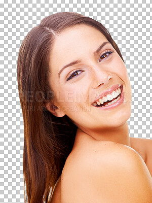 Buy stock photo Skincare, beauty and smile with portrait of woman on transparent background for glow, self care and makeup. Natural, cosmetics and spa treatment with face of person isolated on png for wellness