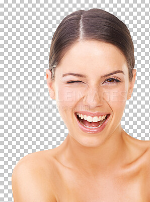 Buy stock photo Beauty, wink and portrait of woman laughing at funny skincare joke, natural cosmetics foundation or makeup humour. Dermatology face, comedy and flirting person isolated transparent, png background