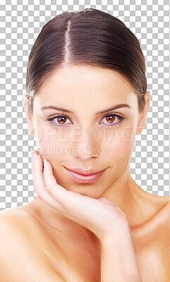 Buy stock photo Happy, skincare and beauty with portrait of woman on transparent background for spa, facial or health. Cosmetics, wellness and face of female person isolated on png for dermatology, self care or glow