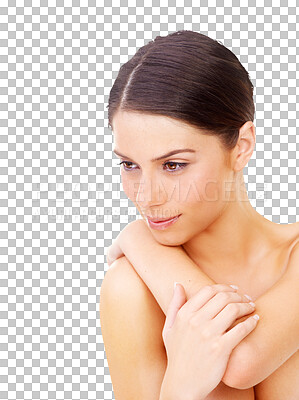 Buy stock photo Relax, skincare and beauty with face of woman on transparent background for spa treatment, facial or health. Cosmetics, wellness and female person isolated on png for dermatology, self care or glow