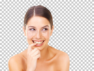 Buy stock photo Skincare, face and thinking by woman with finger bite on isolated, transparent and png background. Beauty, face and female model smile for wellness, glow and cosmetic satisfaction, natural and soft