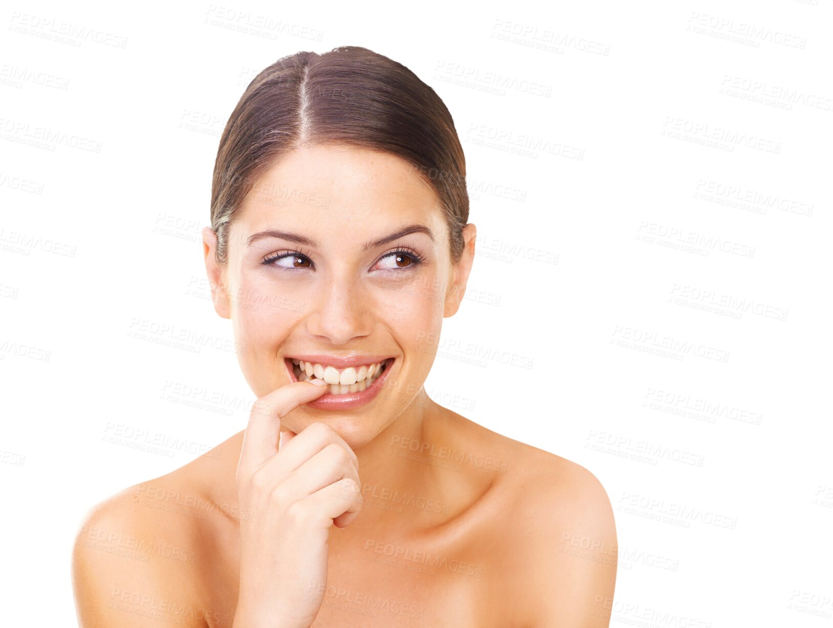 Buy stock photo Skincare, face and thinking by woman with finger bite on isolated, transparent and png background. Beauty, face and female model smile for wellness, glow and cosmetic satisfaction, natural and soft