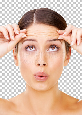 Buy stock photo Beauty, forehead and face of woman check wrinkles for aesthetic treatment, luxury cosmetics lift or plastic surgery. Anti aging, spa salon and self care person isolated on transparent, png background