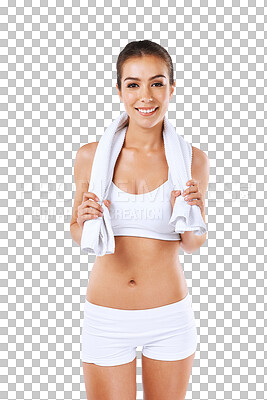 Buy stock photo Fitness, wellness and portrait of woman with towel on isolated, png and transparent background. Sports, health and happy female person in underwear for exercise, training and workout to lose weight