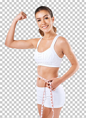 Buy stock photo Fitness, flex and portrait of woman with tape measure on isolated, png and transparent background. Health, diet and happy female person with muscle for exercise, training and workout to lose weight