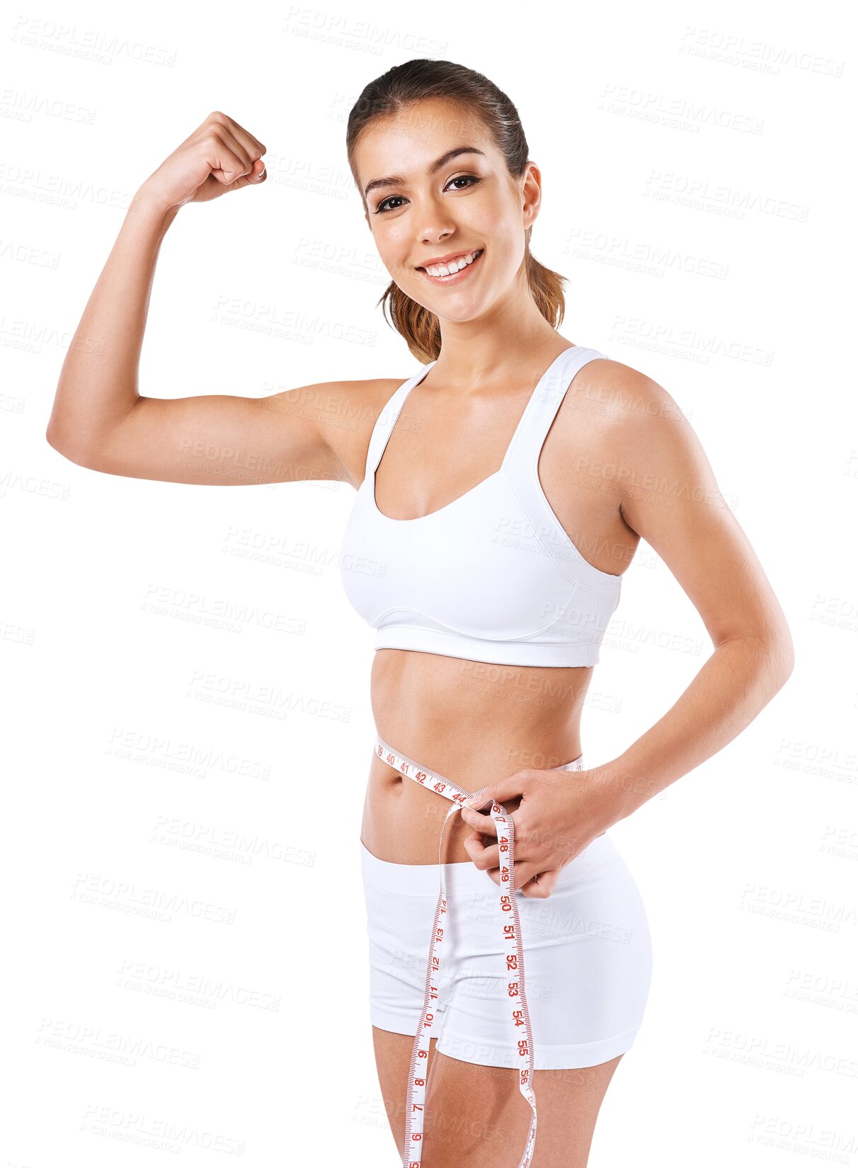 Buy stock photo Fitness, flex and portrait of woman with tape measure on isolated, png and transparent background. Health, diet and happy female person with muscle for exercise, training and workout to lose weight