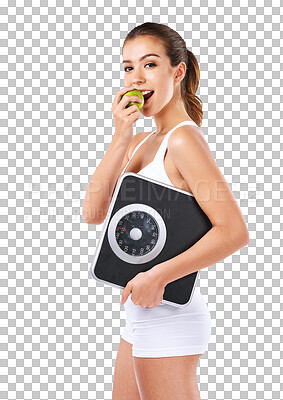 Buy stock photo Apple, scale and portrait of woman and weight loss on transparent background for diet, nutrition and health. Fruit, fitness and wellness with person isolated on png for body, workout and balance