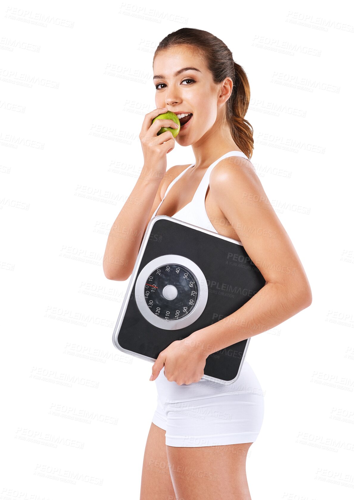 Buy stock photo Apple, scale and portrait of woman and weight loss on transparent background for diet, nutrition and health. Fruit, fitness and wellness with person isolated on png for body, workout and balance