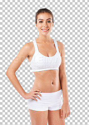 Buy stock photo Fitness, health and portrait of woman with confidence on isolated, png and transparent background. Sports, wellness and happy female person in underwear for exercise, training and weightloss workout