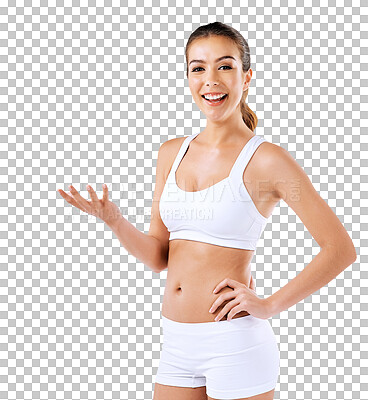 Buy stock photo Fitness, marketing and portrait of young woman on health, wellness or diet with confidence. Happy, smile and slim female model with hand gesture for advertising isolated by transparent png background