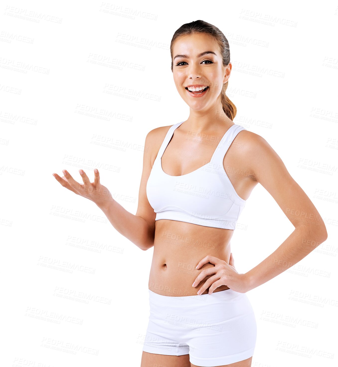 Buy stock photo Fitness, marketing and portrait of young woman on health, wellness or diet with confidence. Happy, smile and slim female model with hand gesture for advertising isolated by transparent png background