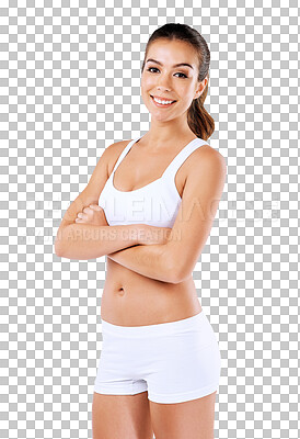 Buy stock photo Fitness, crossed arms and portrait of woman for wellness on isolated, png and transparent background. Sports, healthy body and happy female person in underwear for exercise, training and workout