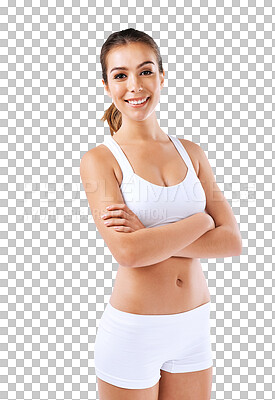 Buy stock photo Fitness, health and portrait of woman with crossed arms on isolated, png and transparent background. Sports, wellness and happy female person ready for exercise, training and workout to lose weight